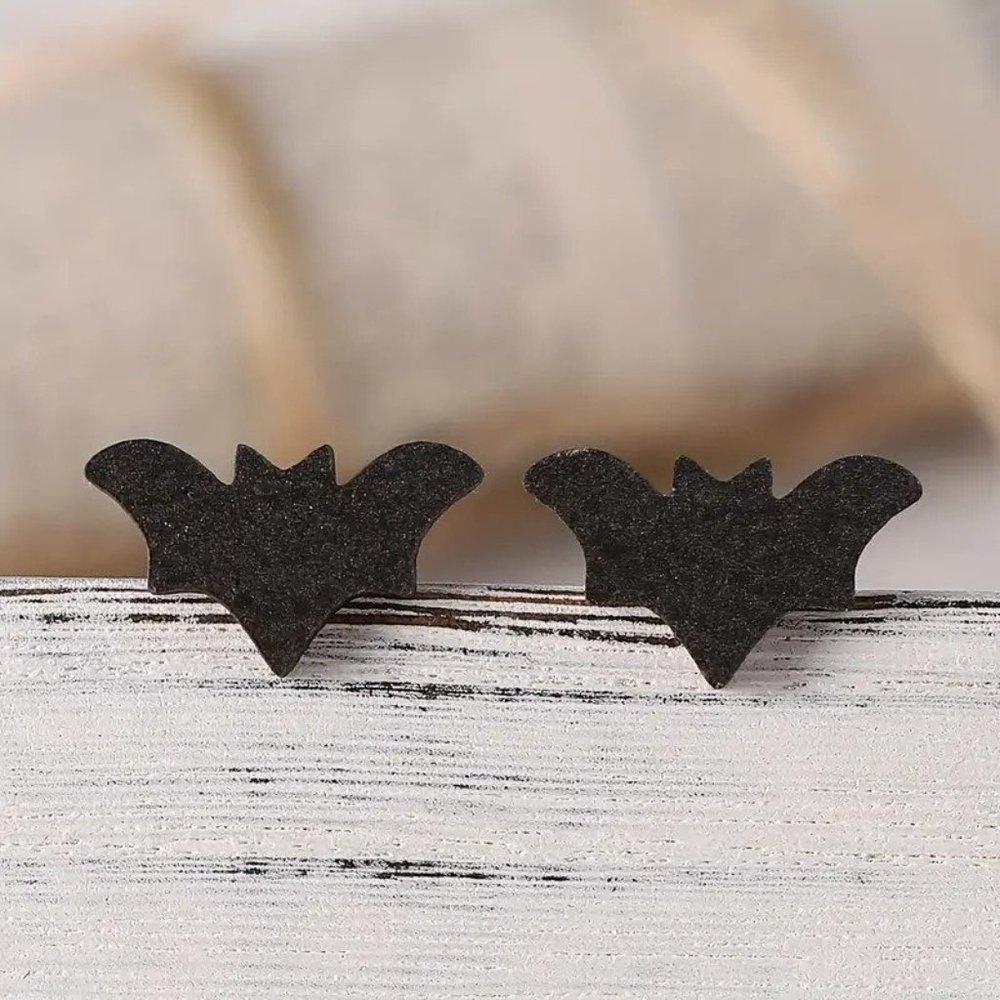 Wood Black Bat Post Earrings Macabre Halloween
